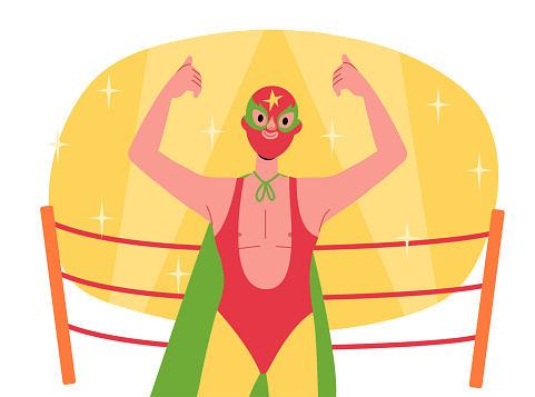 Wrestler in ring. Man in ereed swimsuit and colorful mask at stage or scene. Fighter in entertainment television show. Cartoon flat vector illustration isolated on white background