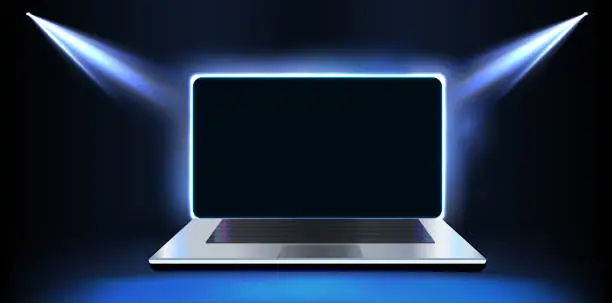 Vector illustration of Futuristic Laptop with Glowing Blue Edges Displaying Blank Screen, Ideal for App UI Presentation, on a Dark Background - Perfect for Digital Designers and Developers