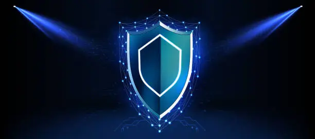 Vector illustration of Glowing blue shield symbolizing digital security, surrounded by intricate circuit lines on a dark background.