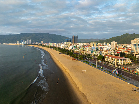 Drone view Quy Nhon beach in sunrise - Quy Nhon city, Binh Dinh province, central Vietnam