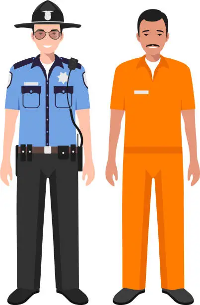 Vector illustration of Standing American Policeman Sheriff Officer in Uniform and Hispanic Prisoner Person in Traditional in Prison Clothes Character Icon in Flat Style.