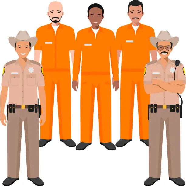 Vector illustration of Standing American Policeman Sheriff Officer in Uniform and Prisoner Person in Traditional in Prison Clothes Character Icon in Flat Style.