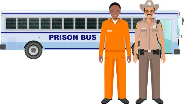 Vector illustration of Standing American Policeman Sheriff Officer in Uniform and Prisoner Person in Traditional in Prison Clothes Character Icon in Flat Style. Vector