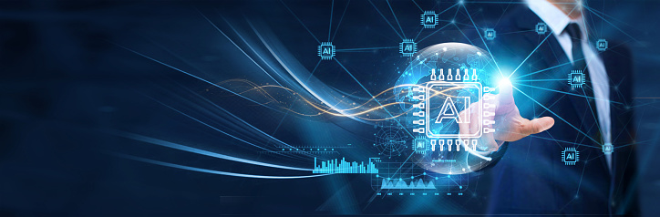 Artificial Intelligence (AI) technology, Businessman touch the AI icon on the global network structure. AI ensures the secure flow of business information globally connected.