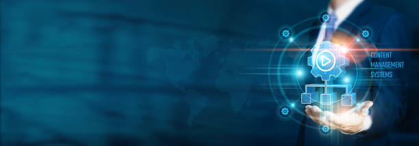 istock Businessman hand-holding content management systems (CMS) and network connection icons with seamless integration, streamlined workflow. Empowering the growth of efficient content creation, management. 2055595775