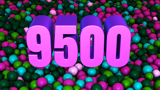 Close Up View Number 9500 3D Extrude On Green Purple Colorful Ball Pit Balls Background 3D Rendering