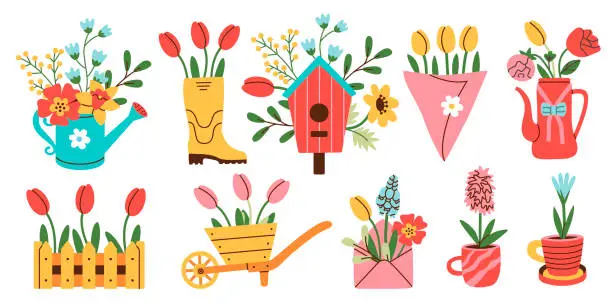 Vector illustration of Set of spring hand drawn elements. Floral decor. Flowers, branches, bouquets, watering can, teapot, birdhouse.