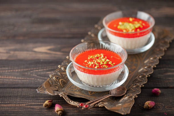 Malabi (muhallebi) milk rice pudding with pistachios. Arabic dessert