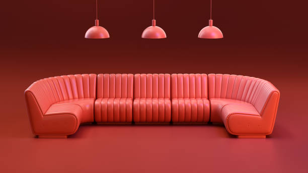 istock Miniature interior room with long sofa and lamps on red background. 2055625972