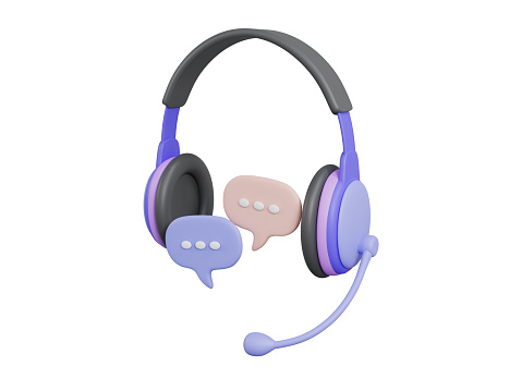 Headphones with microphone and chat speech bubble, online support service, icon symbol isolated on white background with clipping path, 3D Rendering illustration