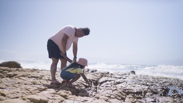 Father with daughter exploring beach