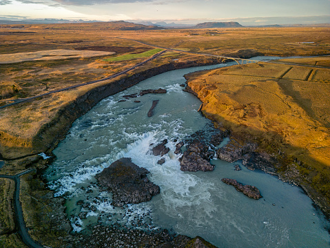 Drone view of the Urriðafoss waterfall.