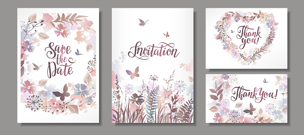 Wedding invitations or greeting cards set with flowers in watercolor style. Vector illustration.