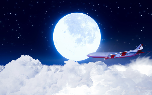 passenger plane Fly past the full moon Above the cumulus clouds. Air travel. On a clear night, the sky There are stars all over the sky and a big moon. 3D Rendering