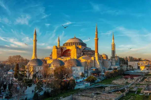 Photo of View of Hagia Sophia mosque during sunset in Istanbul, Turkey.