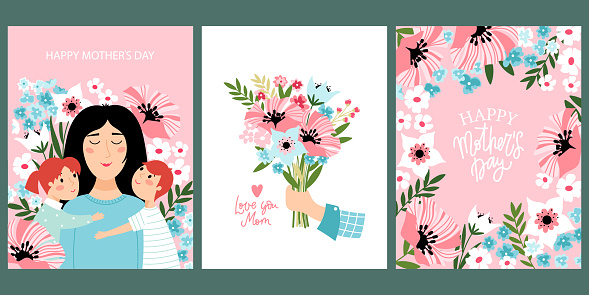 Mom's day card design collection. Mom and her children, floral frame with text and a hand holding a bouquet of beautiful flowers.