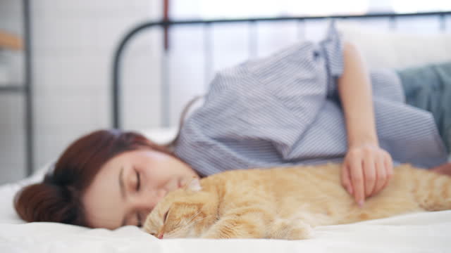 Woman in Serene Slumber with Ginger Cat on a Cozy White Bed, Embracing the Calmness of a Comforting Nap