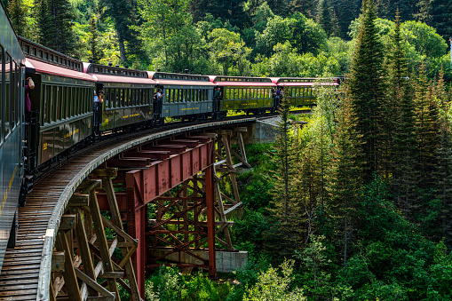 Skagway, Alaska - July 30, 2023: Tourists are enjoying the view from train. White Pass Summit excursion tour train, Alaska, USA.