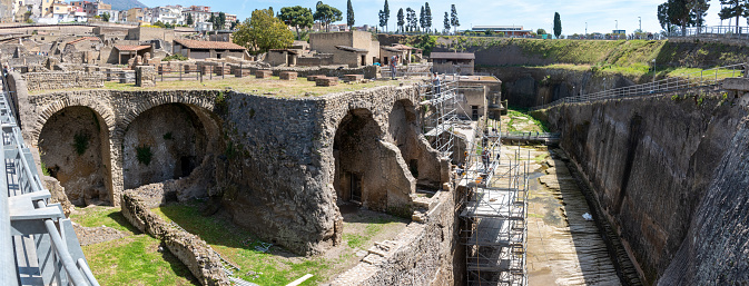 Panoramic view of the docks of Herculaneum, once the shoreline to the Mediterranean sea
