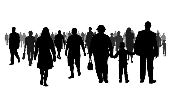 Society, silhouette of group of moving people at the street. Vector illustration