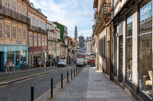 Porto, Portugal - October 6, 2023: The view of R. de 31 de Janeiro and Clerigos Church and Tower, Porto, Portugal.