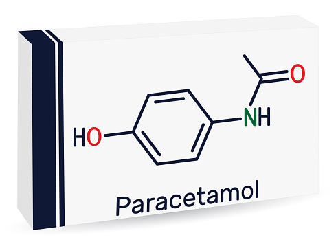 Paracetamol, acetaminophen molecule. It is is a non-opioid analgesic and antipyretic agent. Skeletal chemical formula. Paper packaging for drugs. Vector illustration