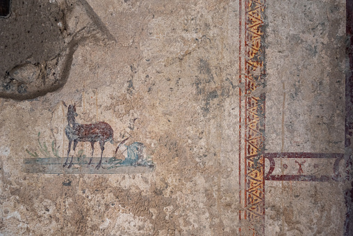 Scenic ancient frescoes in a room of a Pompeiian villa, Southern Italy