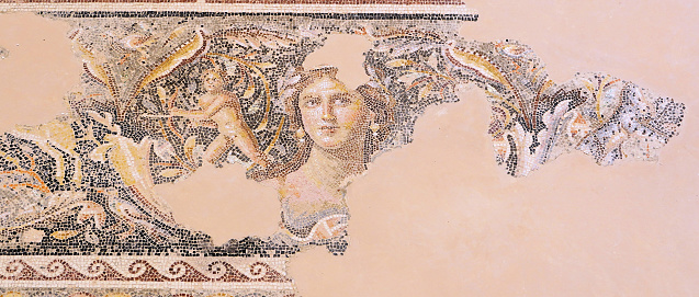 Woman's face from the Sepphoris (Tzipori) mosaic, known as the Mona Lisa of the Galilee. The mosaic is part of a floor located in the House of Dionysus.4th-century Roman mosaic .Zippori (Tzipori) National Park,Israel