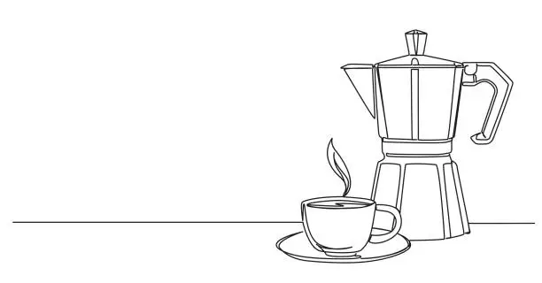 Vector illustration of single line drawing of cup of espresso and moka pot