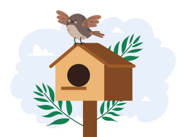 Vector illustration of Bird in birdhouse nest feeding box home concept. Vector graphic design illustration