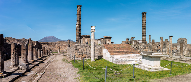 Colonnade and sculptures of the Temple of Apollo near the Pompeian forum, Southern Italy