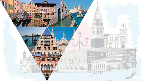 istock Contemporary artwork. Creative design in retro style. Color image if beautiful buildings in Venice. Vintage town. Concept of creativity, surrealism, imagination, futuristic landscape 2055796557