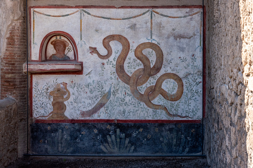 Beautiful colorful fresco of a yellow snake, a peacock, and a woman's bust in a Pompeian villa, Southern Italy