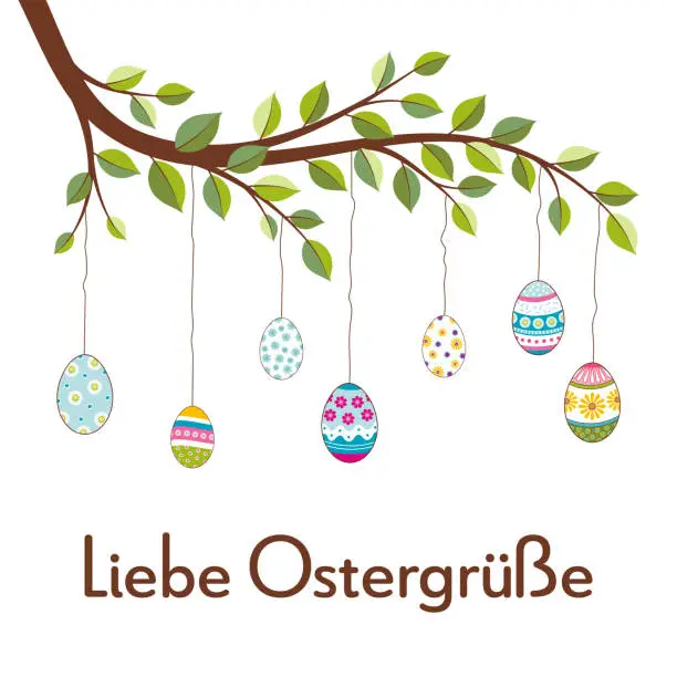 Vector illustration of Liebe Ostergrüße - text in German language - Lovely Easter greetings. Greeting card with colorful Easter eggs hanging from a branch.