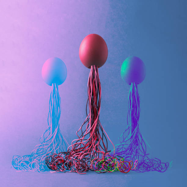 istock Creative Easter concept with glitch effect. Easter eggs in the form of rockets fly in on a neon background. 2055830981