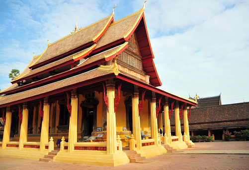 Vientiane, Laos: main building of Wat Si Saket Buddhist temple complex, the congregation hall (sim) - completed in 1824 under King Anouvong, designed in a combination Siamese and Laotian styles, during the Siamese invasion of 1827-28 it was used for the cantonment of the Siamese troops, after it was the only temple left standing in Vientiane. Lane Xang Avenue, corner with Setthathirat Road.