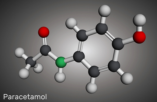 Paracetamol, acetaminophen molecule. It is is a non-opioid analgesic and antipyretic agent. Molecular model. 3D rendering. Illustration