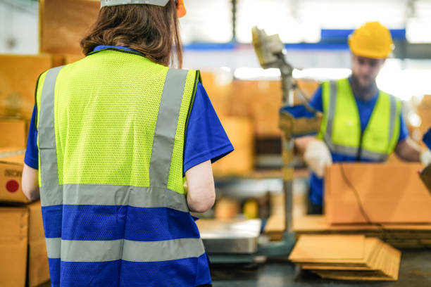 istock Warehouse worker folding paper box for packing the items in a large warehouse. man sealing cardboard boxes for shipping in cargo product stock. 2055846832
