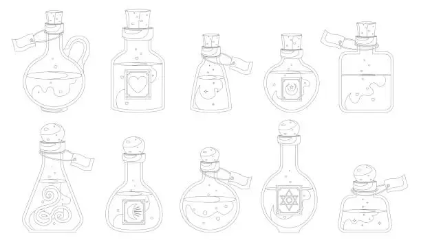 Vector illustration of Coloring book of set of flasks with potion