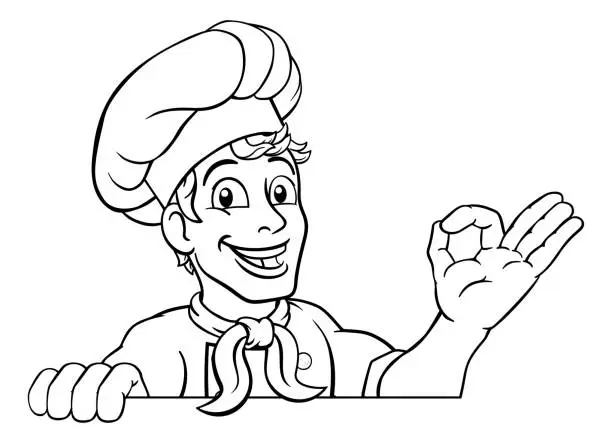 Vector illustration of Chef Cook Baker Man Cartoon Peeking Over Sign