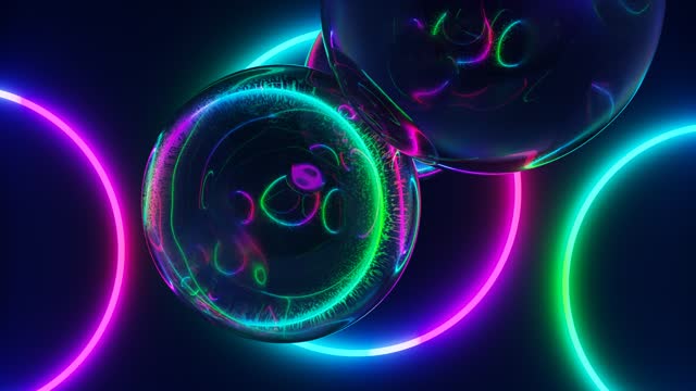 glass balls fly on a neon background. 3D looped background
