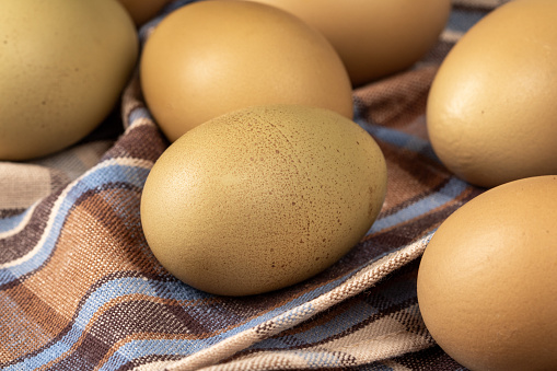 Close-up of uncommon grey-green chicken eggs, showcasing the natural beauty of poultry produce. The unique color tones highlight the natural diversity of eggshell colors.