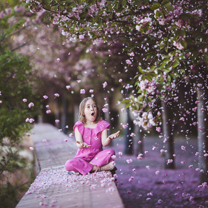 Beautiful girl 10 y.o. in pink dress sit in cherry blossom park on a spring day, flower petals falling from the tree in Budapest, Hungary