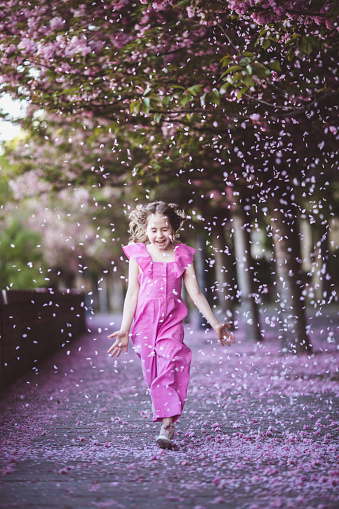 Beautiful girl in pink dress in cherry blossom park on a spring day, flower petals falling from the tree in Budapest, Hungary