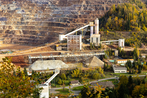 Eisenerz, Austria - October 29, 2023: Erzberg open pit iron mine. Industrial complex.