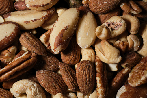 Overhead close up of a selection of mixed nuts.