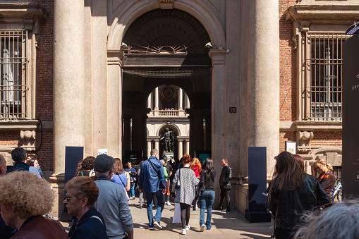 Milan, Brera Pinacoteca Art Gallery entrance with people. Tourists entering in Brera Museum.