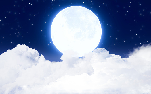 full moon bright blue light In the sky where the stars are twinkling. The sky has cumulus and Luna clouds. For backgrounds and backdrops. 3D Rendering