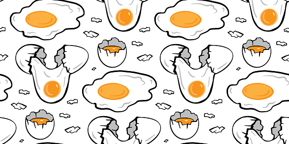 Fried eggs, broken egg, yolk, eggshell seamless pattern. Bright egg texture, background for poster, cafe menu, flyer, cookbook, banner, card, wrapping paper, package design. Doodle simple illustration