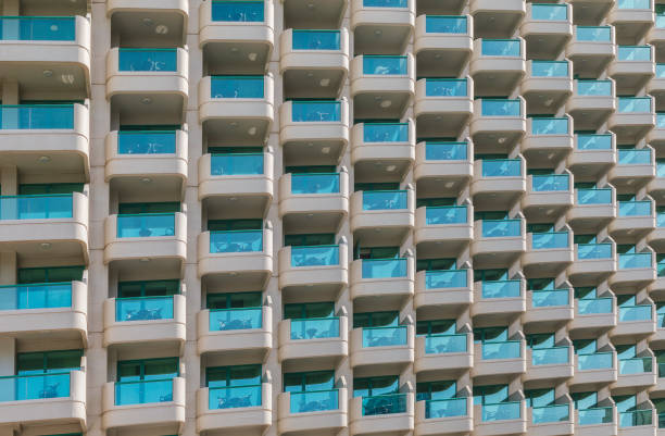 Glass balconies of the building. Architectural geometry